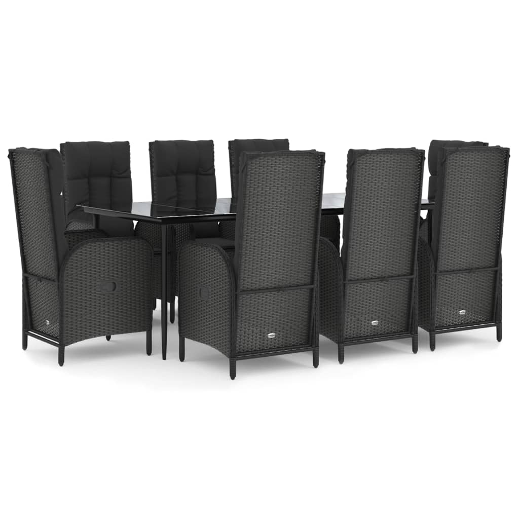 Set da Pranzo da Giardino 9 pz con Cuscini Nero in Polyrattan - homemem39