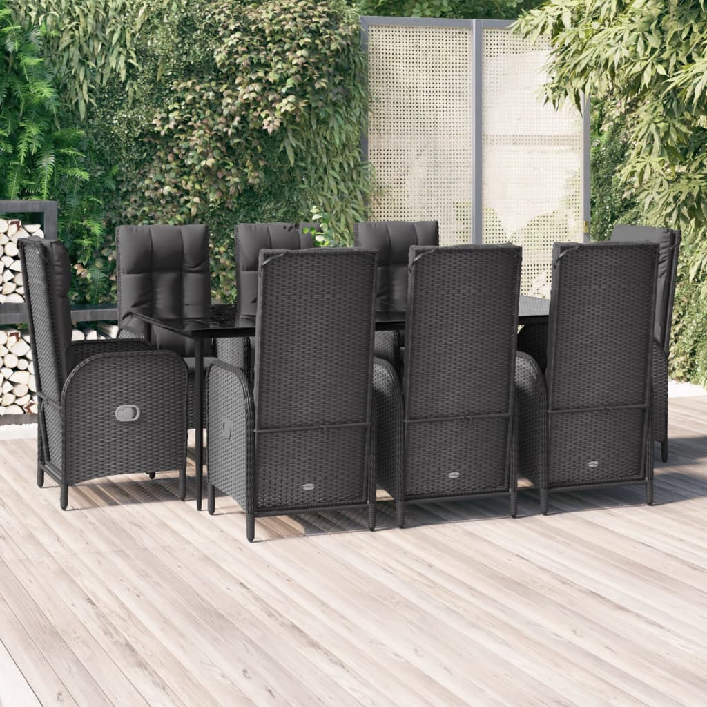 Set da Pranzo da Giardino 9 pz con Cuscini Nero in Polyrattan - homemem39