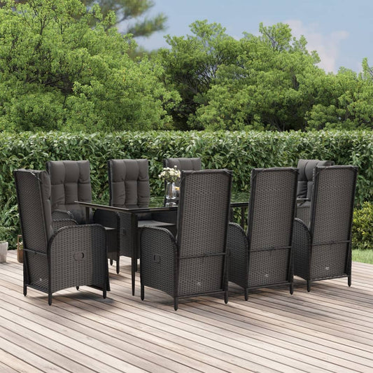 Set da Pranzo da Giardino 9 pz con Cuscini Nero in Polyrattan - homemem39