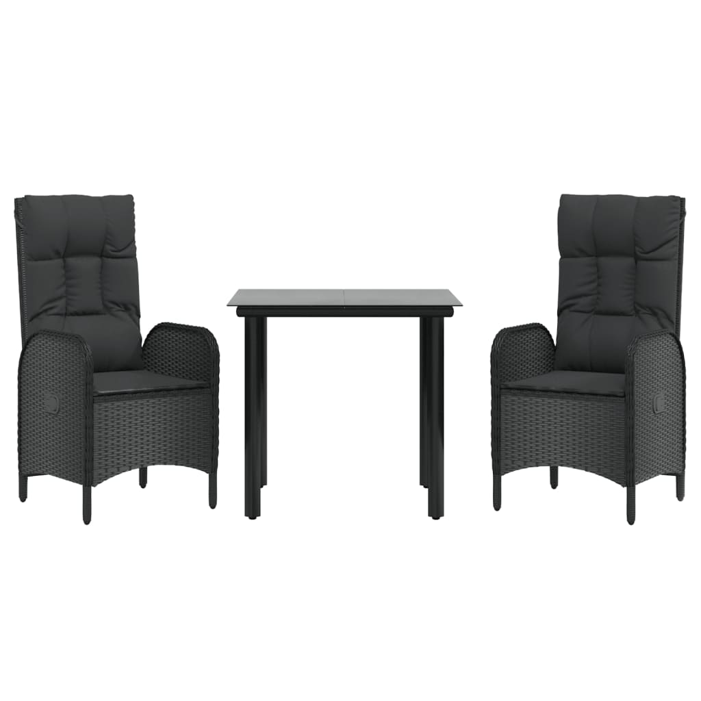 Set da Pranzo da Giardino 3 pz con Cuscini Nero in Polyrattan