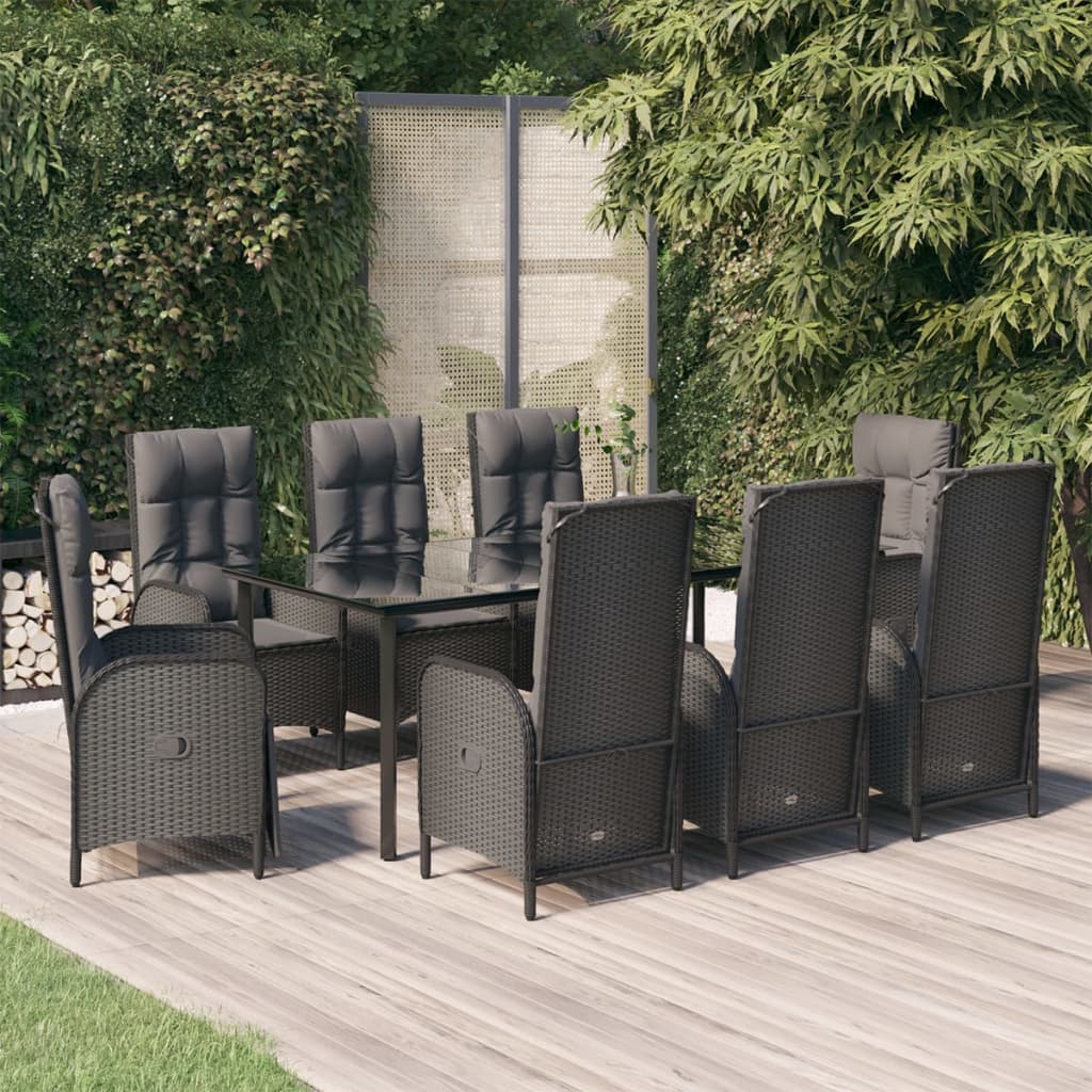 Set da Pranzo da Giardino 9 pz con Cuscini Nero in Polyrattan | homemem39