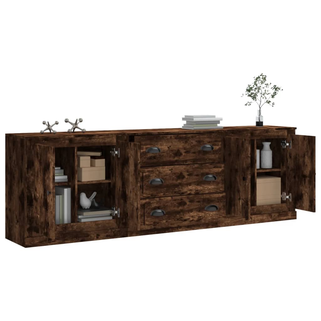 Credenze 3 pz Rovere Fumo in Legno Multistrato