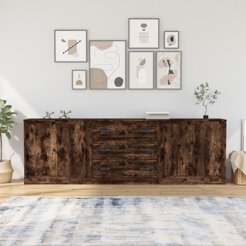 Credenze 3 pz Rovere Fumo in Legno Multistrato
