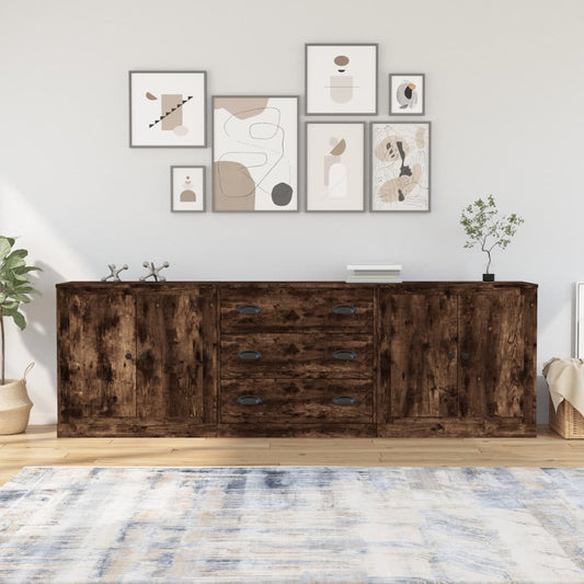 Credenze 3 pz Rovere Fumo in Legno Multistrato