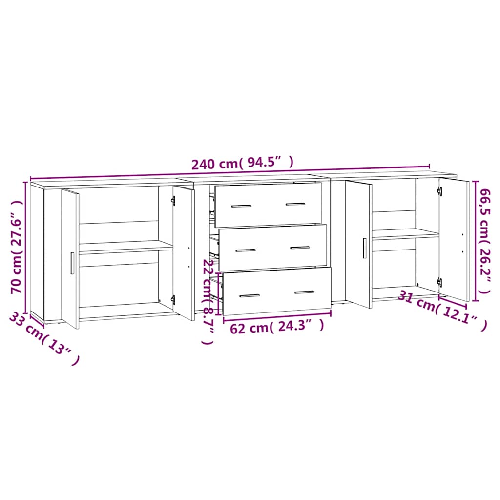 Credenze 3 pz Grigio Sonoma in Legno Multistrato | homemem39