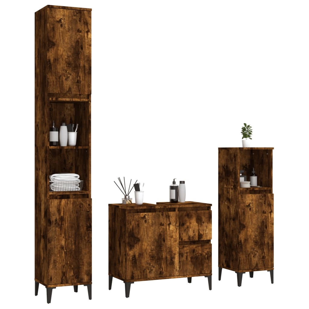 Set Mobili da Bagno 3 pz Rovere Fumo in Legno Multistrato