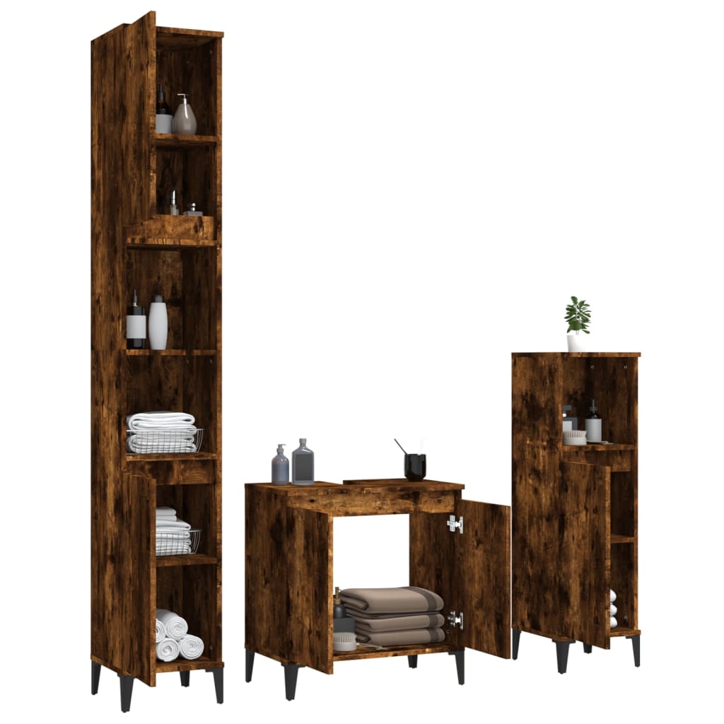 Set Mobili da Bagno 3 pz Rovere Fumo in Legno Multistrato | homemem39