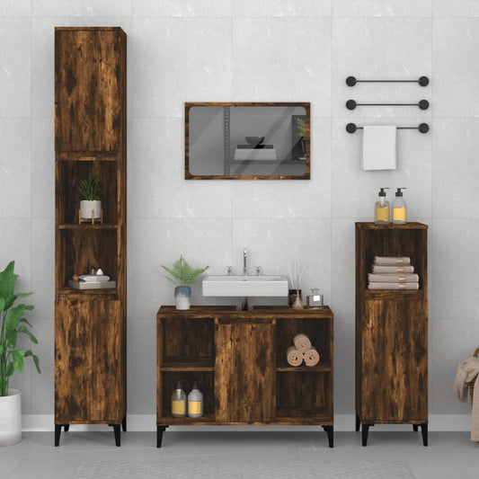 Set Mobili da Bagno 3 pz Rovere Fumo in Legno Multistrato | homemem39