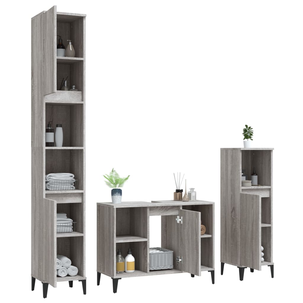 Set Mobili da Bagno 3 pz Grigio Sonoma in Legno Multistrato | homemem39