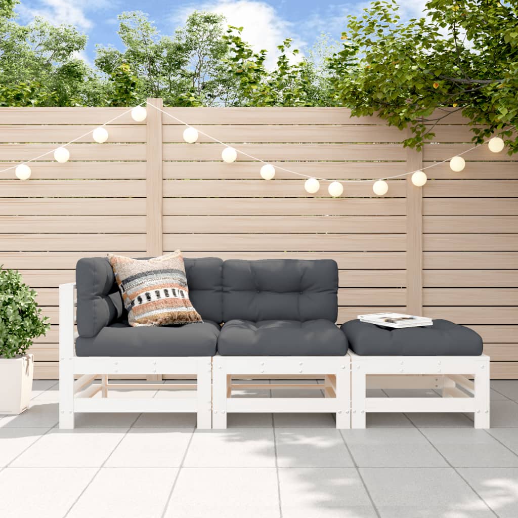 Set Divani da Giardino 3pz con Cuscini in Legno Massello Bianco - homemem39