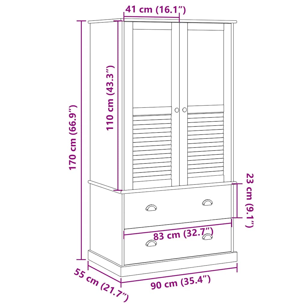 Armadio VIGO 90x55x170 cm in Legno Massello di Pino Bianco - homemem39