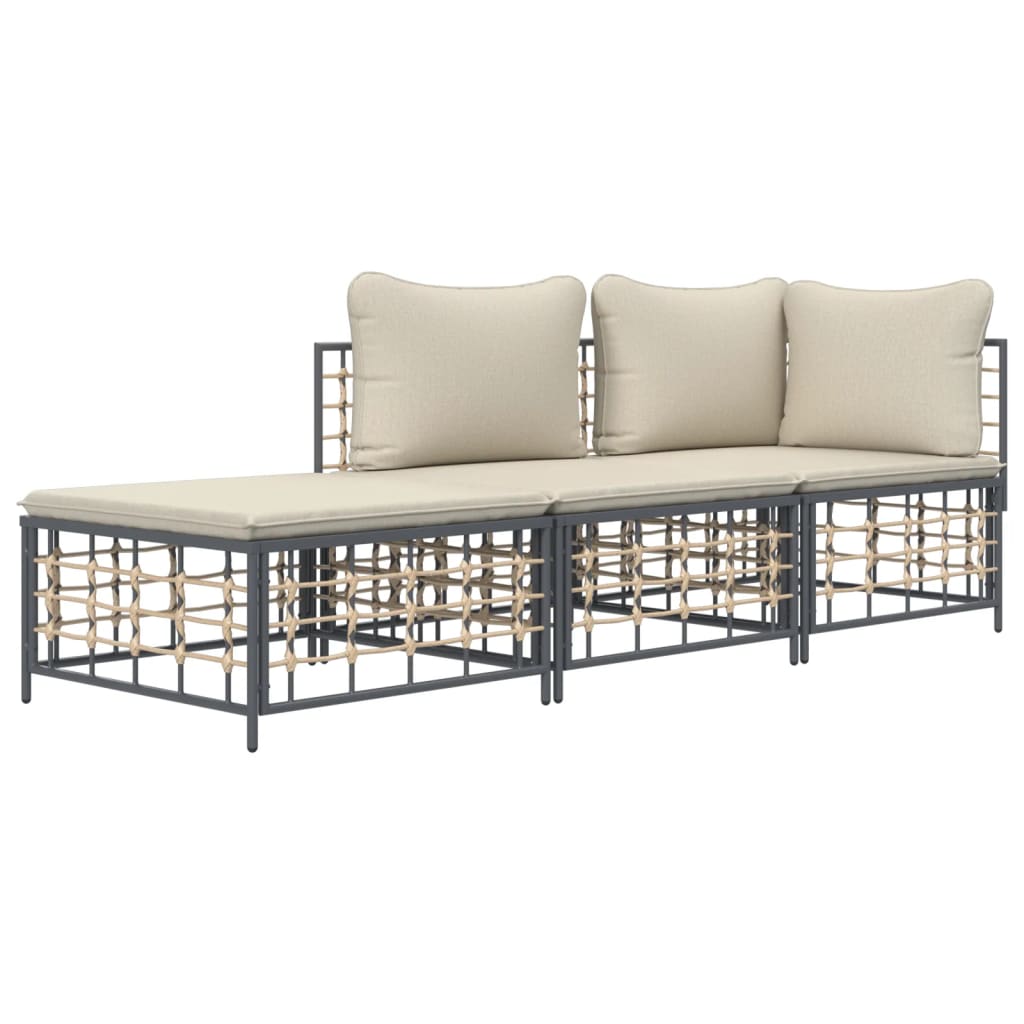 Set Divani da Giardino 3 pz con Cuscini Antracite in Polyrattan - homemem39