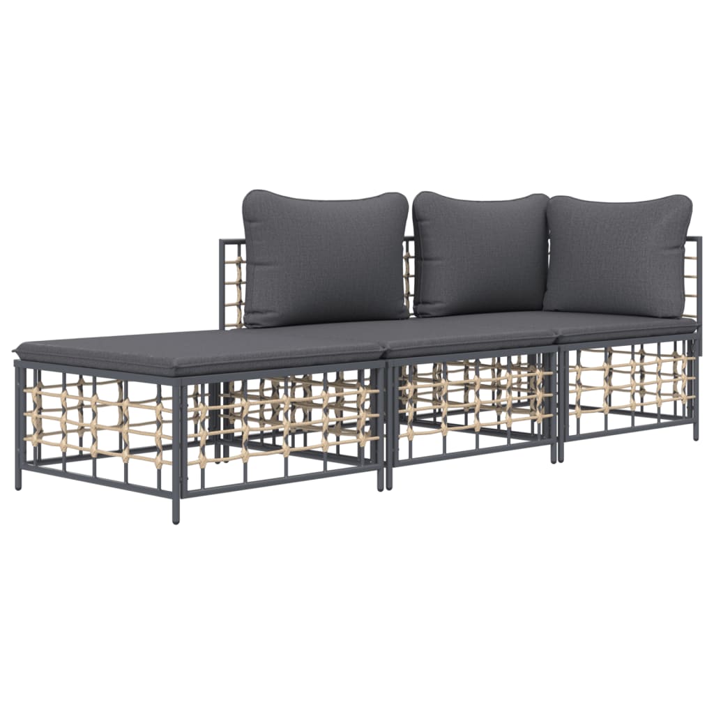 Set Divani da Giardino 3 pz con Cuscini Antracite in Polyrattan - homemem39