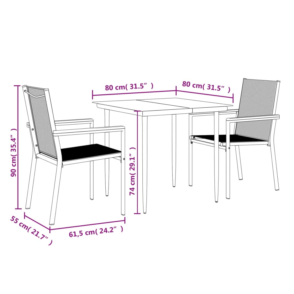 Set da Pranzo da Giardino 3 pz Nero in Textilene e Acciaio | homemem39