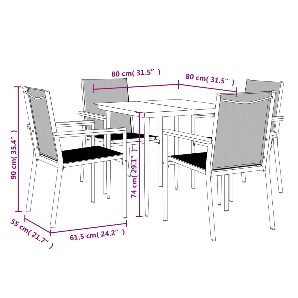 Set da Pranzo da Giardino 5 pz Nero in Textilene e Acciaio | homemem39