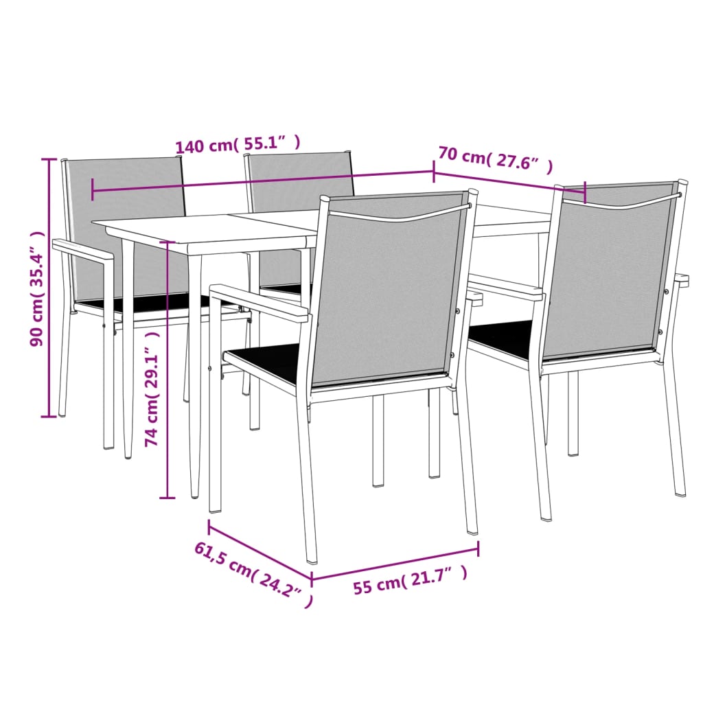 Set da Pranzo da Giardino 5 pz Nero in Textilene e Acciaio | homemem39