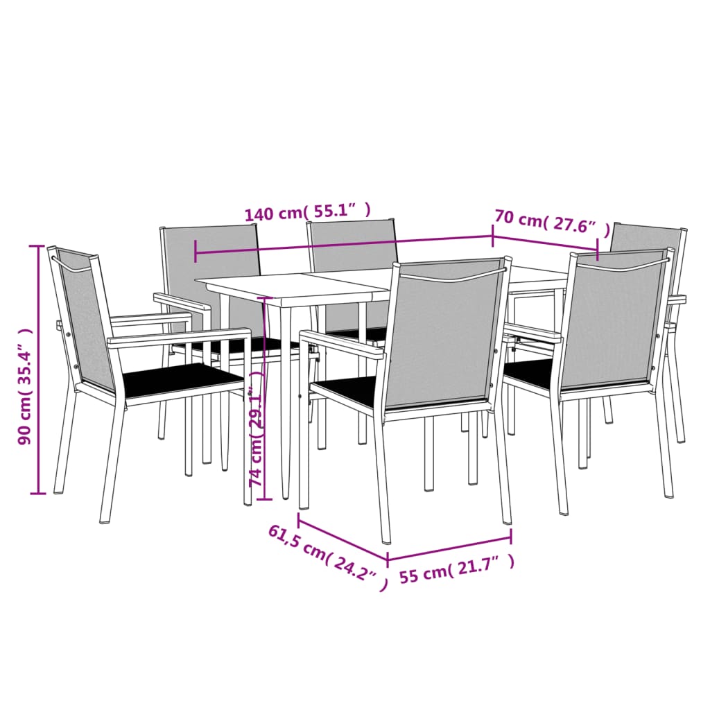 Set da Pranzo da Giardino 7 pz Nero in Textilene e Acciaio | homemem39