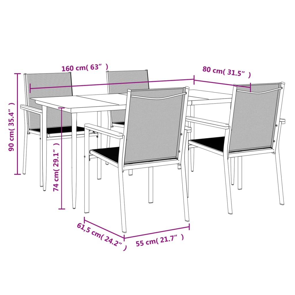 Set da Pranzo da Giardino 5 pz Nero in Textilene e Acciaio | homemem39