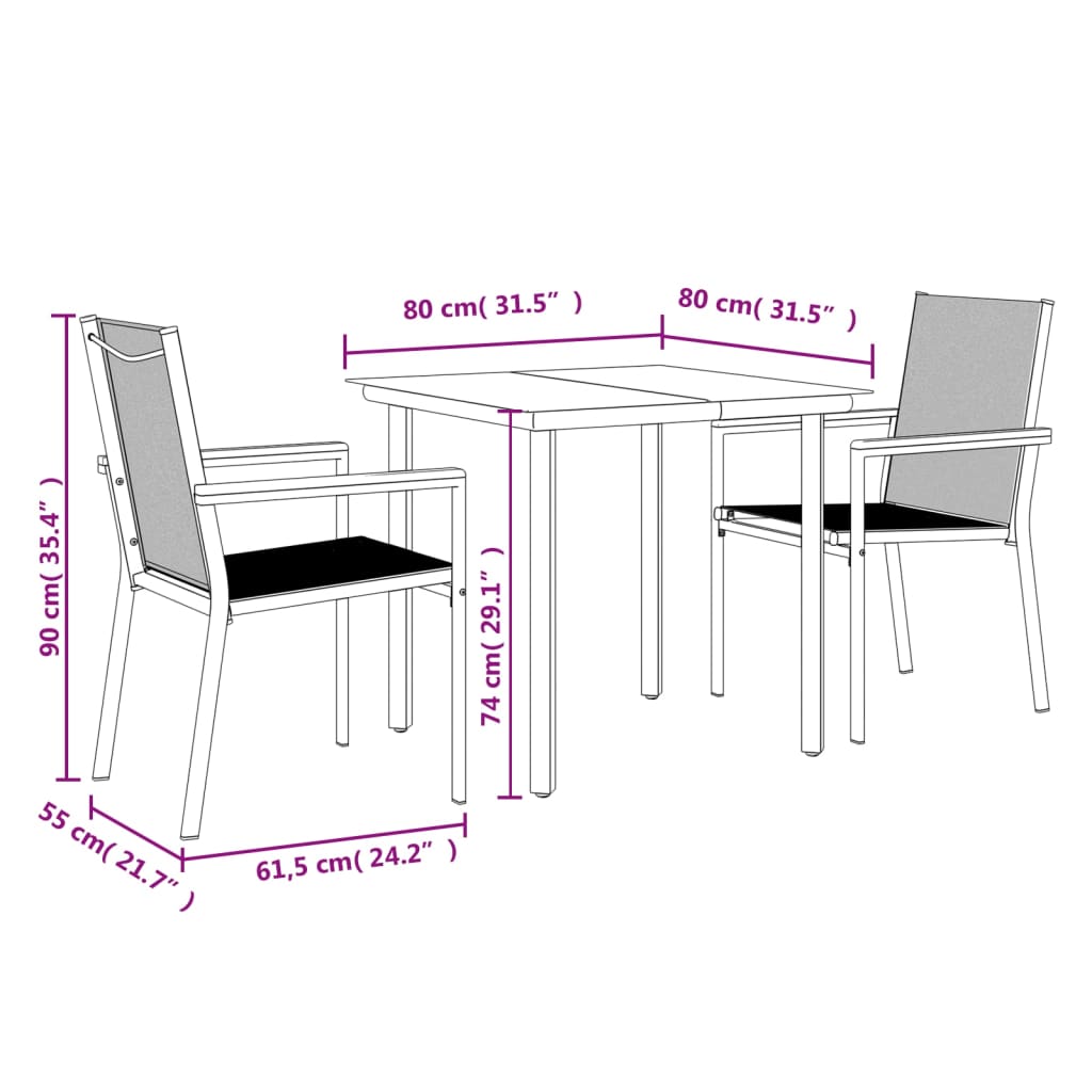 Set da Pranzo da Giardino 3 pz Nero in Textilene e Acciaio | homemem39