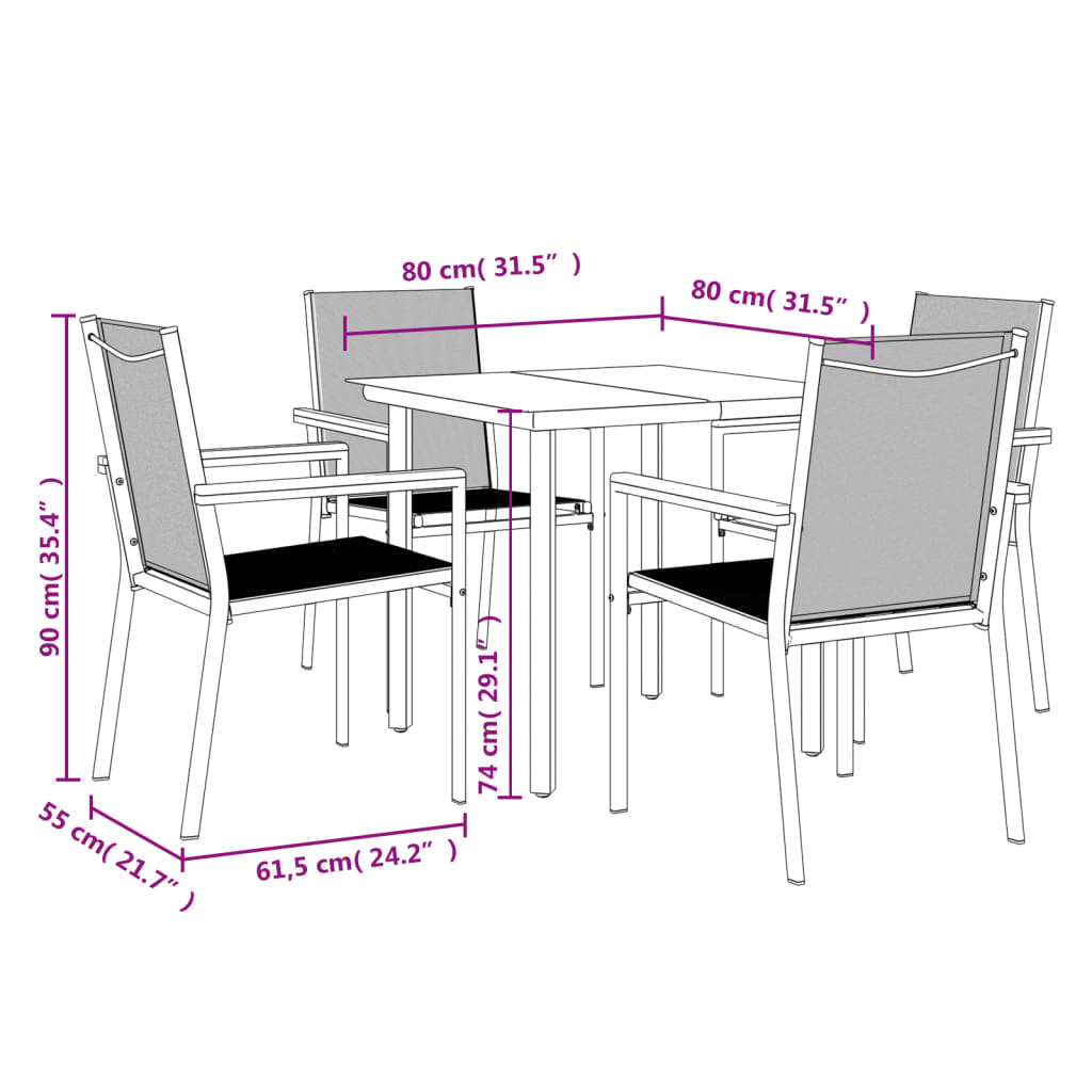 Set da Pranzo da Giardino 5 pz Nero in Textilene e Acciaio | homemem39