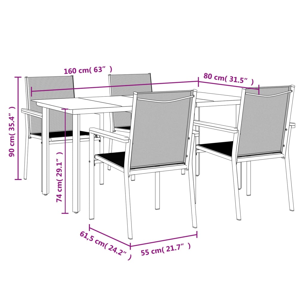 Set da Pranzo da Giardino 5 pz Nero in Textilene e Acciaio | homemem39