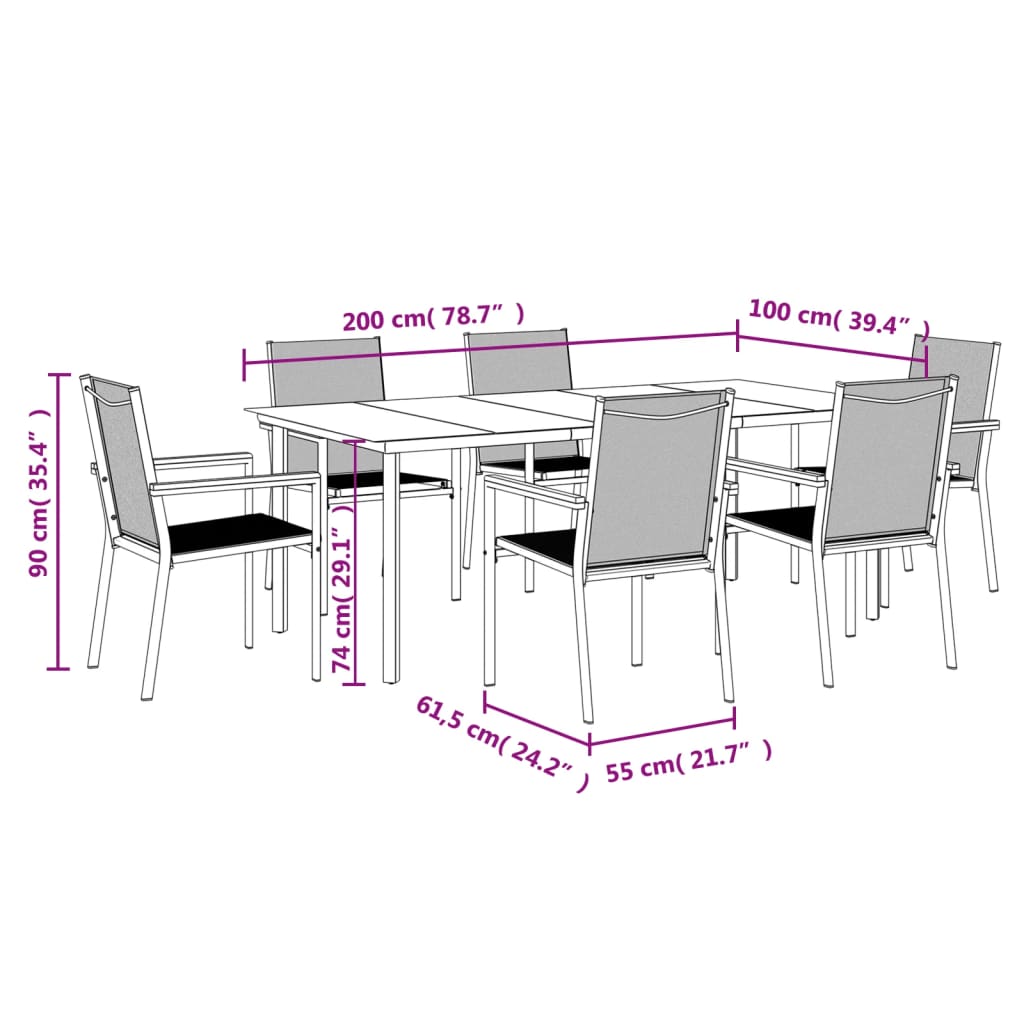 Set da Pranzo da Giardino 7 pz Nero in Textilene e Acciaio | homemem39