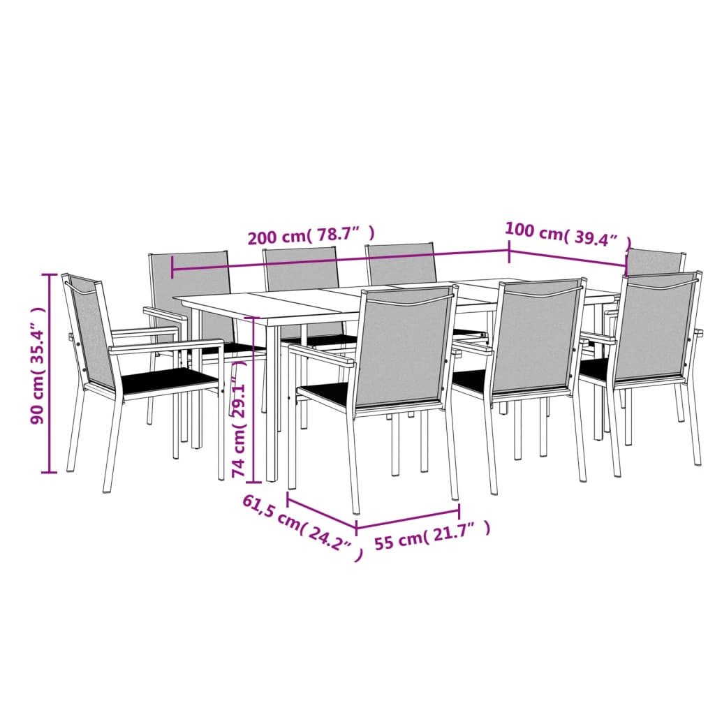 Set da Pranzo da Giardino 9 pz Nero in Textilene e Acciaio | homemem39