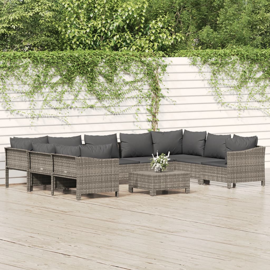 Set Divani da Giardino 10 pz con Cuscini in Polyrattan Grigio | homemem39