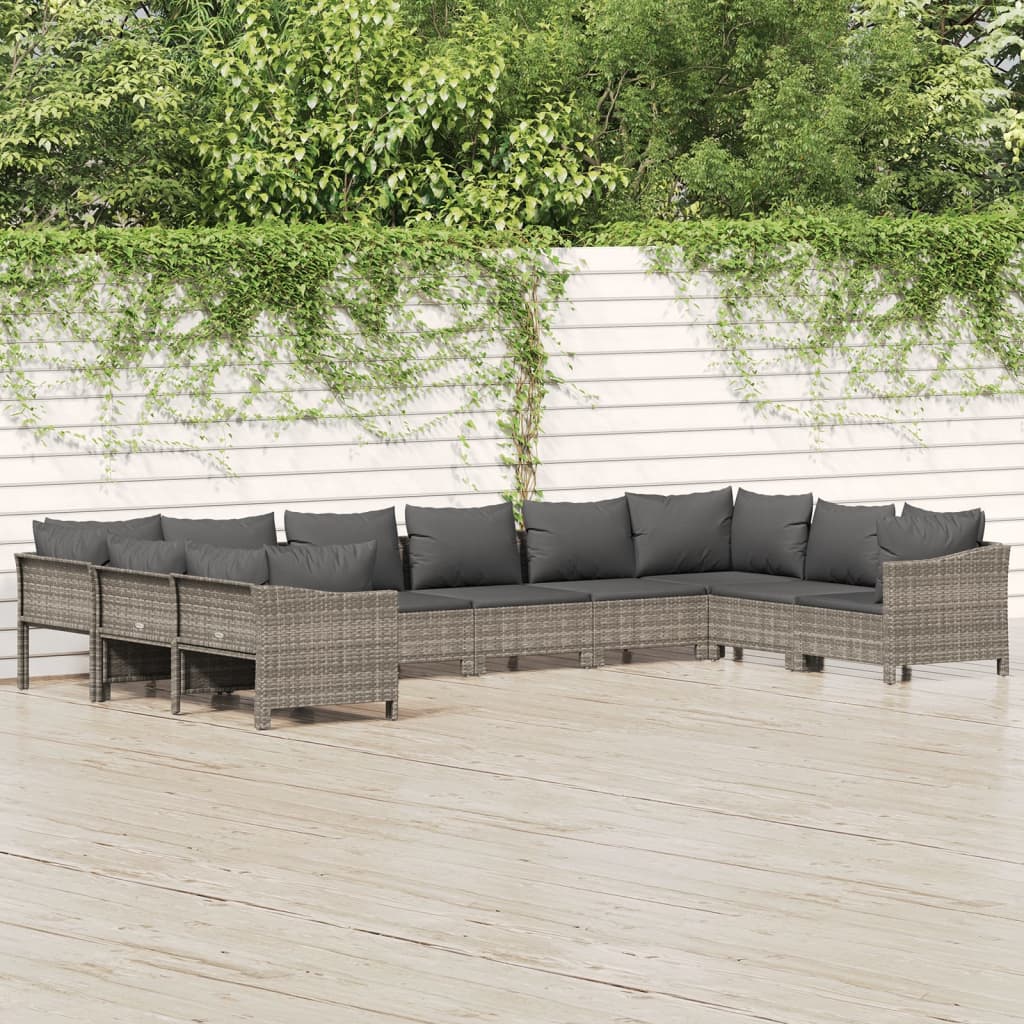 Set Divani da Giardino 10 pz con Cuscini in Polyrattan Grigio | homemem39