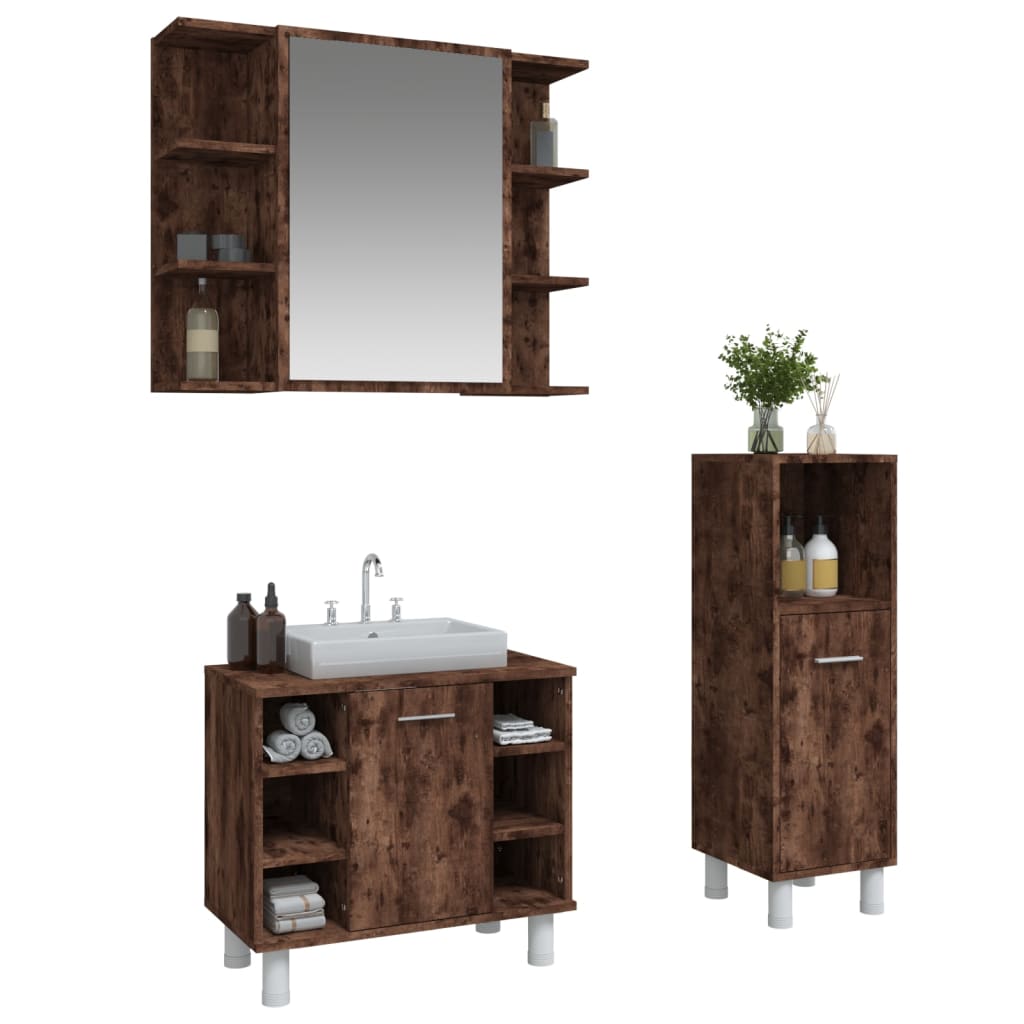 Set Mobili da Bagno 3 pz Rovere Fumo in Legno Multistrato