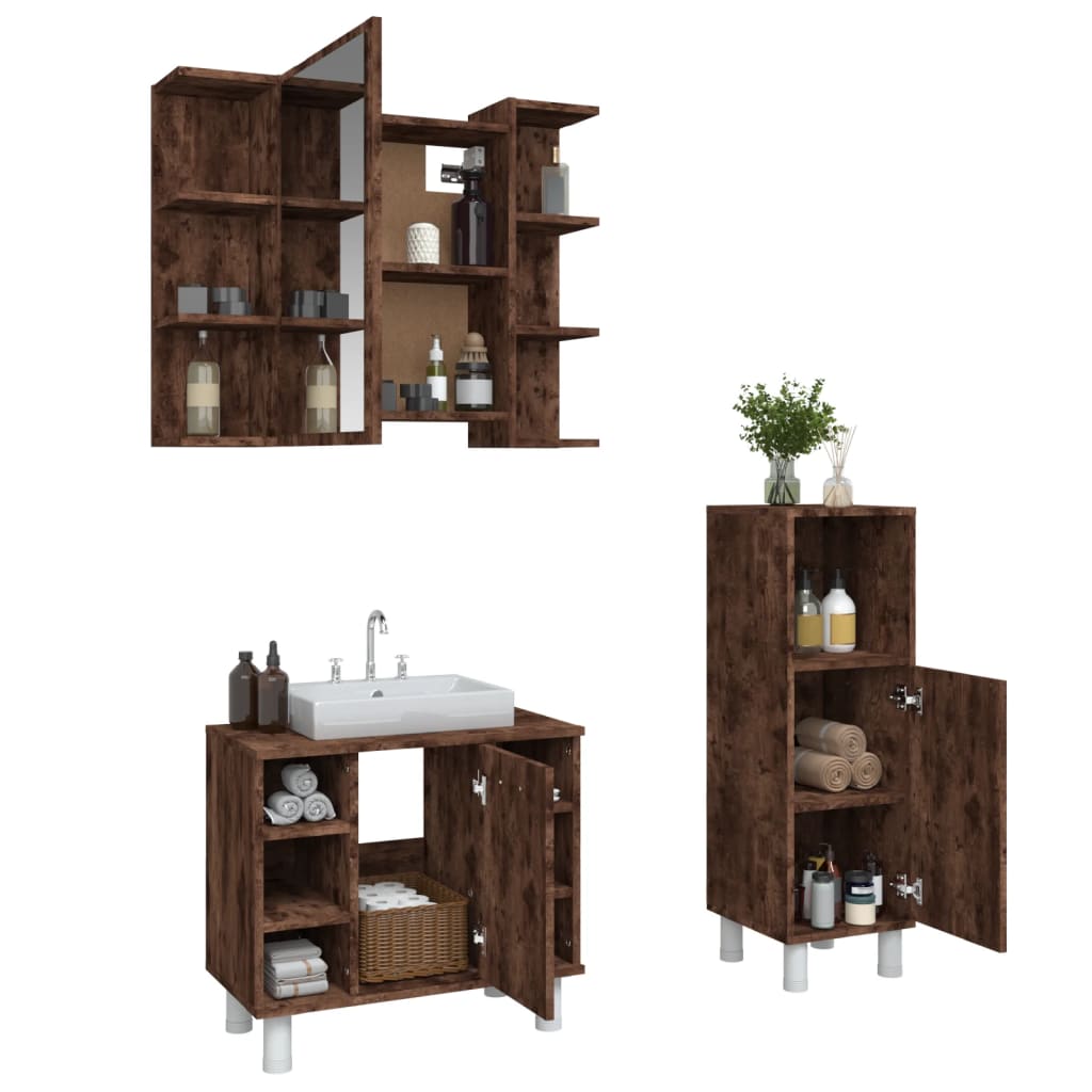 Set Mobili da Bagno 3 pz Rovere Fumo in Legno Multistrato