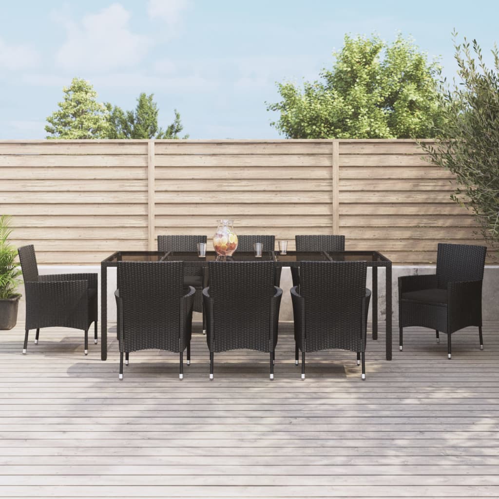 Set da Pranzo da Giardino 9 pz con Cuscini Nero in Polyrattan | homemem39