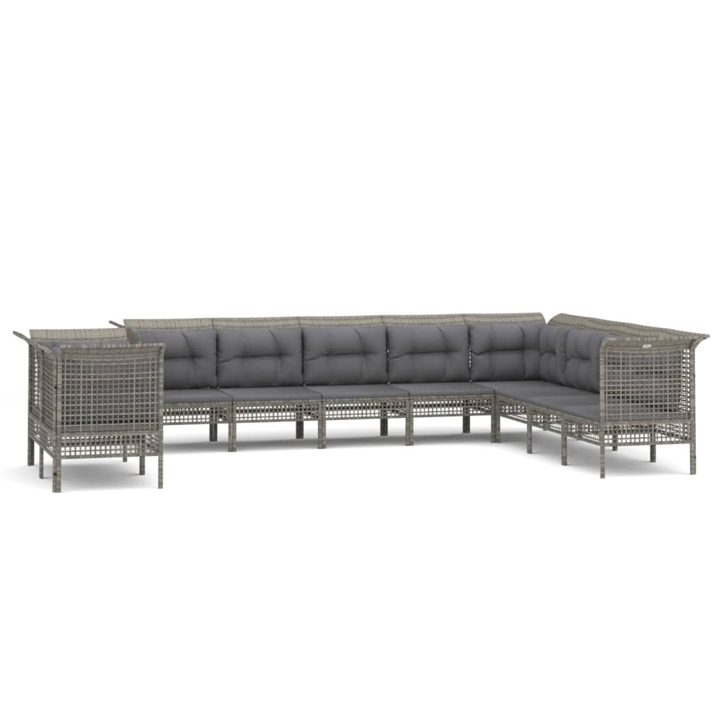 Set Divani da Giardino 10 pz con Cuscini in Polyrattan Grigio