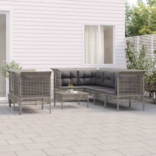 Set Divani da Giardino 8 pz con Cuscini in Polyrattan Grigio - homemem39