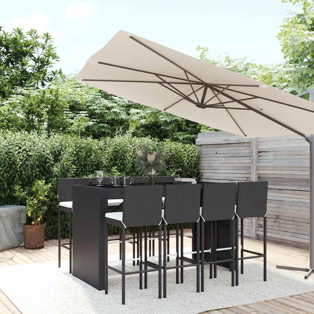 Set Bar da Giardino 9 pz con Cuscini in Polyrattan Nero | homemem39