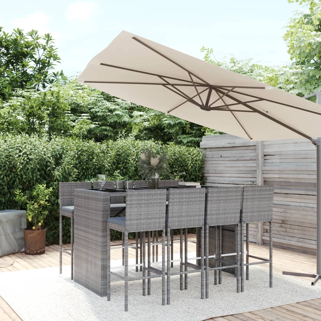 Set Bar da Giardino 9 pz con Cuscini in Polyrattan Grigio | homemem39