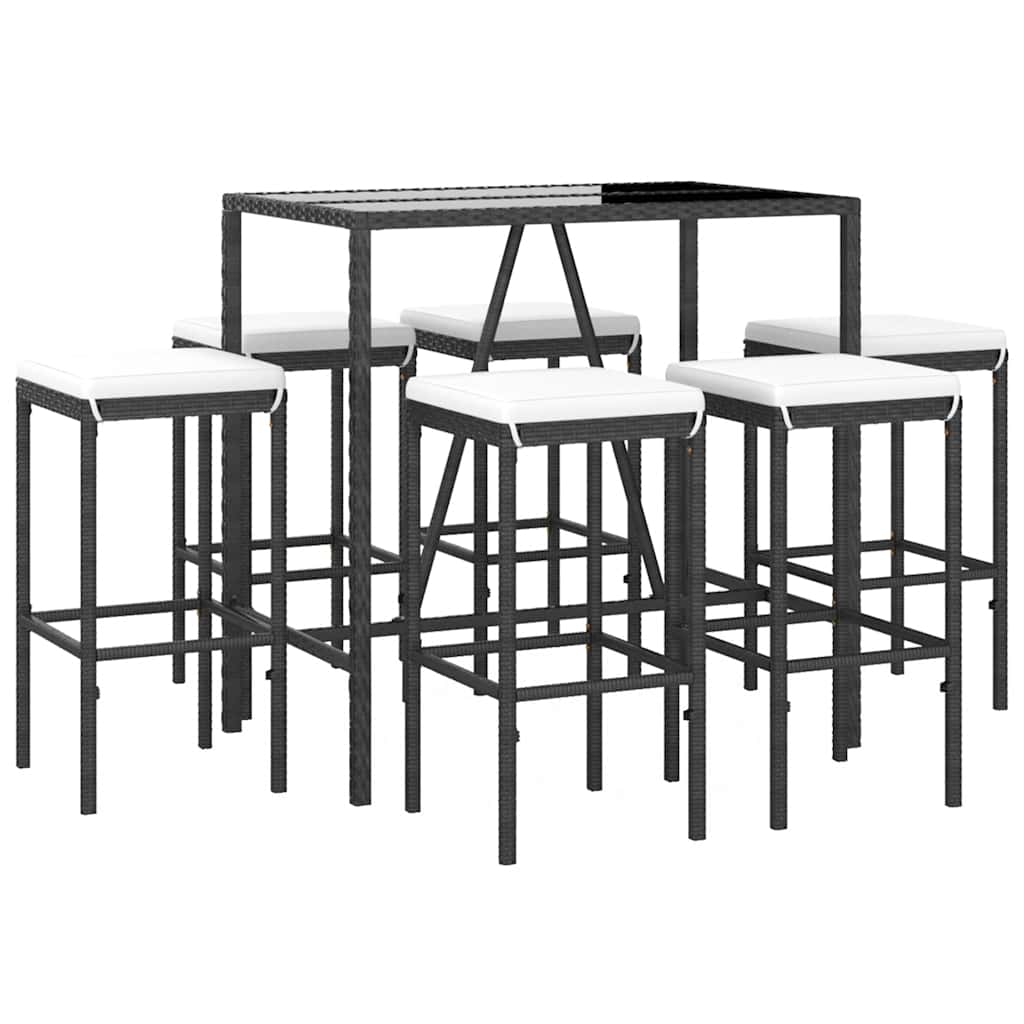 Set Bar da Giardino 7 pz con Cuscini in Polyrattan Nero | homemem39