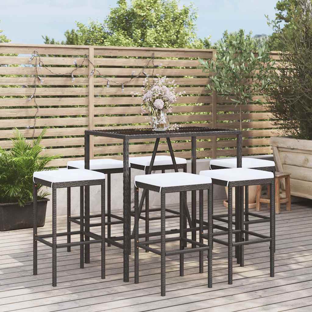 Set Bar da Giardino 7 pz con Cuscini in Polyrattan Nero | homemem39