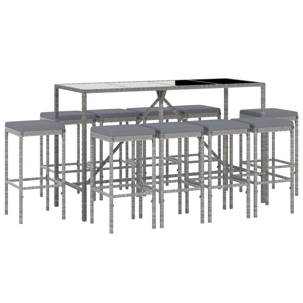 Set Bar da Giardino 11 pz con Cuscini in Polyrattan Grigio - homemem39