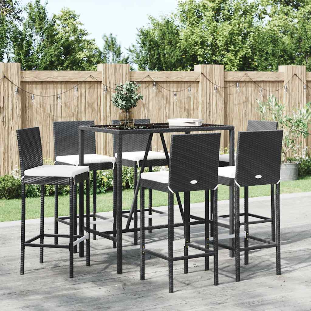 Set Bar da Giardino 7 pz con Cuscini in Polyrattan Nero | homemem39