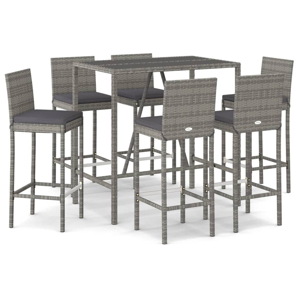 Set Bar da Giardino 7 pz con Cuscini in Polyrattan Grigio | homemem39