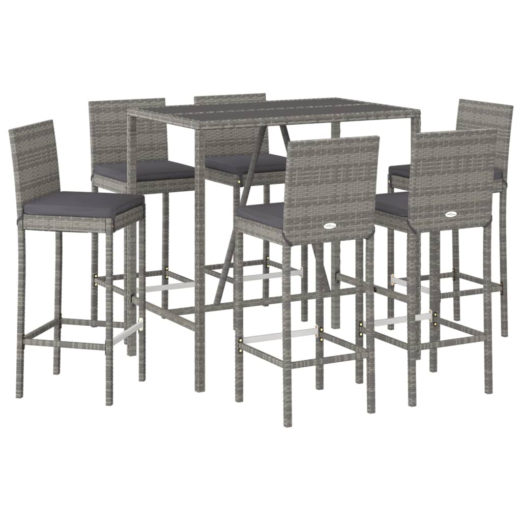 Set Bar da Giardino 7 pz con Cuscini in Polyrattan Grigio | homemem39