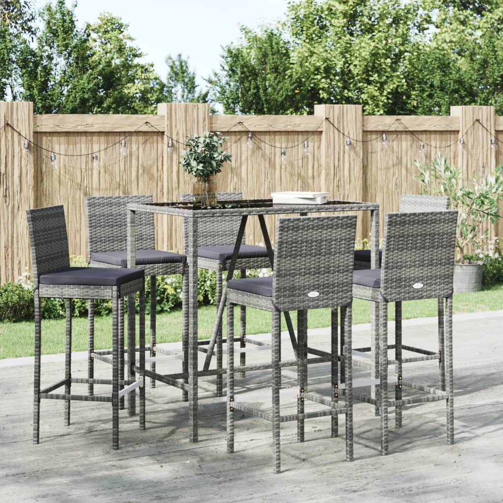 Set Bar da Giardino 7 pz con Cuscini in Polyrattan Grigio | homemem39
