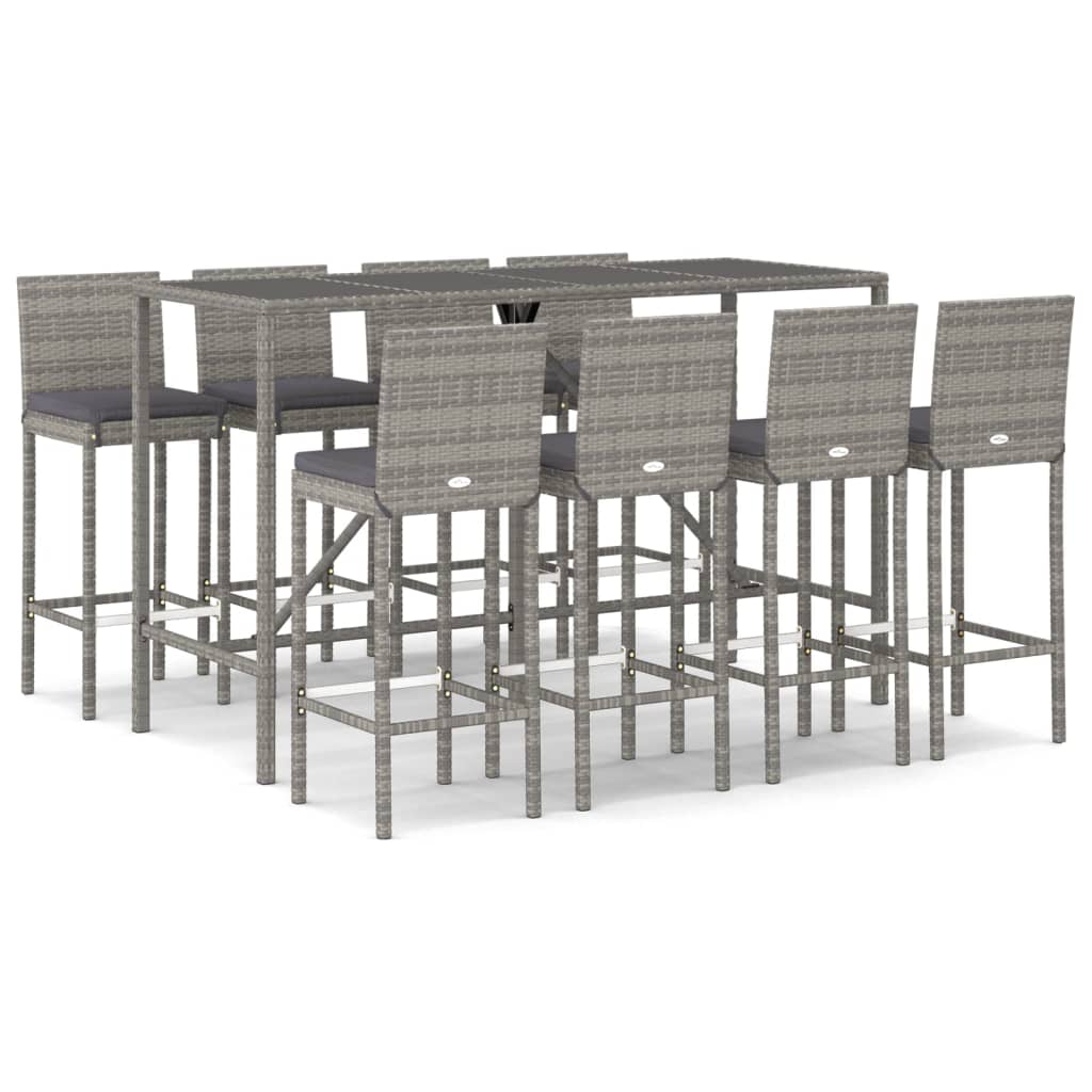 Set Bar da Giardino 9 pz con Cuscini in Polyrattan Grigio | homemem39