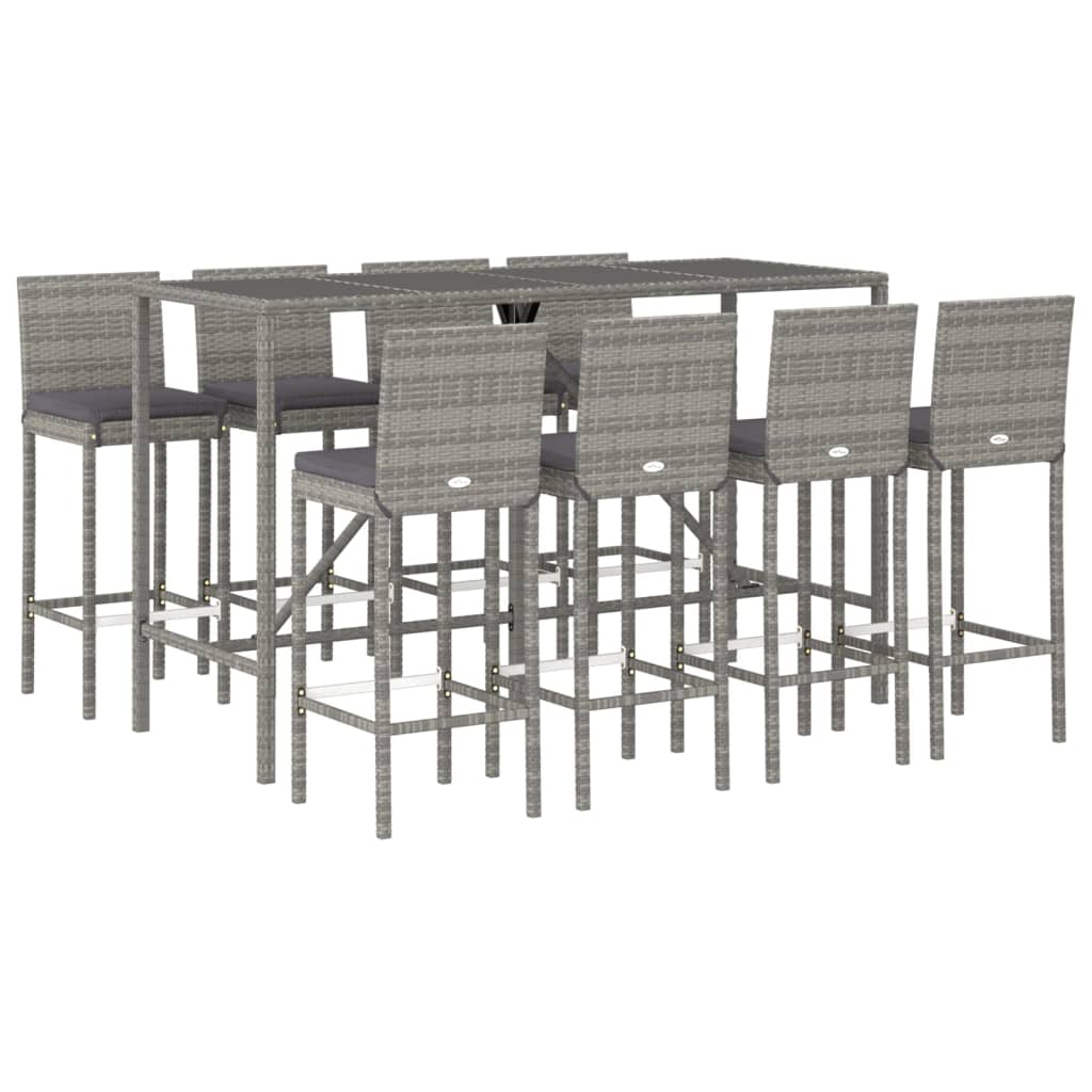 Set Bar da Giardino 9 pz con Cuscini in Polyrattan Grigio | homemem39