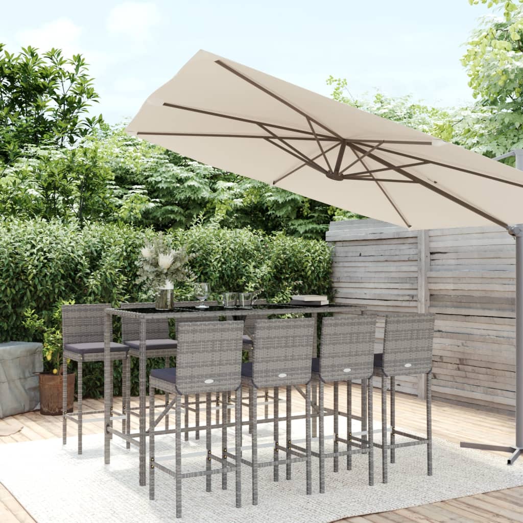 Set Bar da Giardino 9 pz con Cuscini in Polyrattan Grigio | homemem39