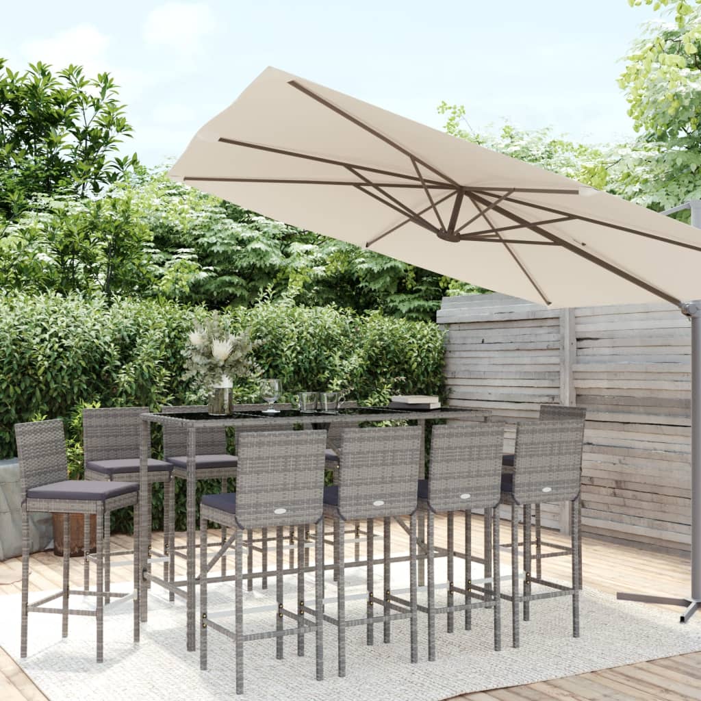 Set Bar da Giardino 11 pz con Cuscini in Polyrattan Grigio | homemem39