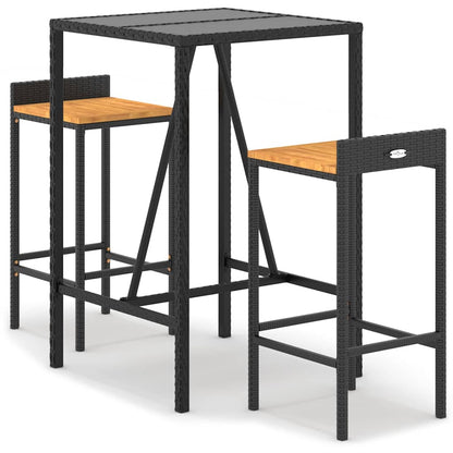 Set Bar Giardino 3 pz Nero Polyrattan e Legno Massello Acacia | homemem39
