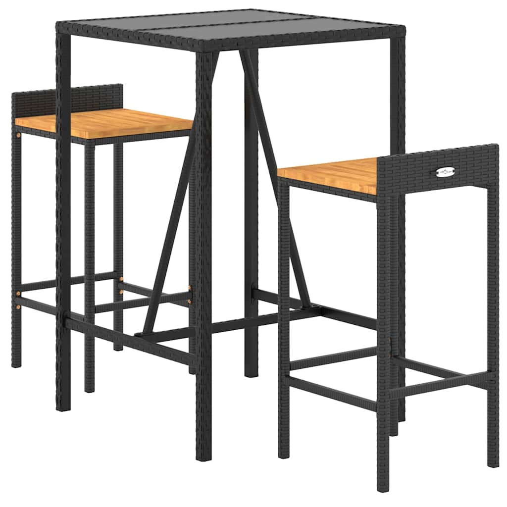 Set Bar Giardino 3 pz Nero Polyrattan e Legno Massello Acacia | homemem39