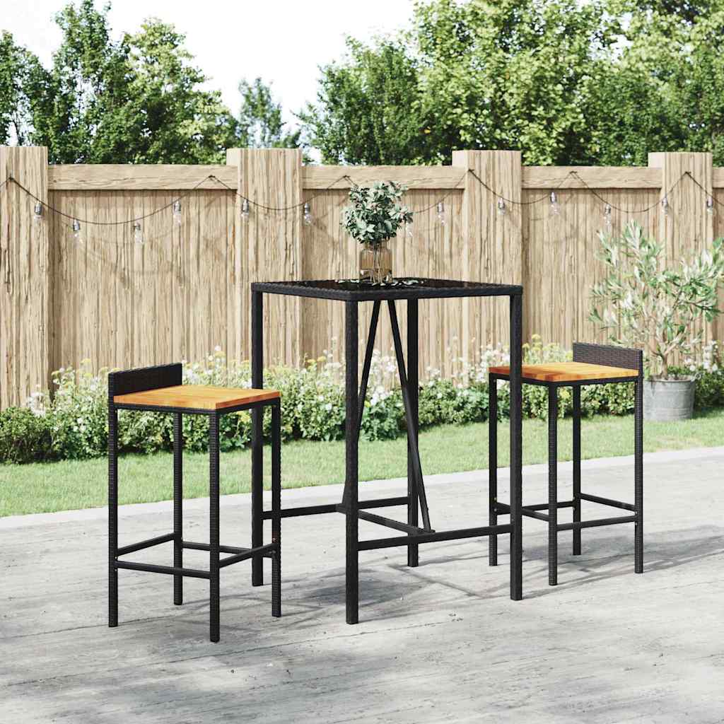 Set Bar Giardino 3 pz Nero Polyrattan e Legno Massello Acacia | homemem39